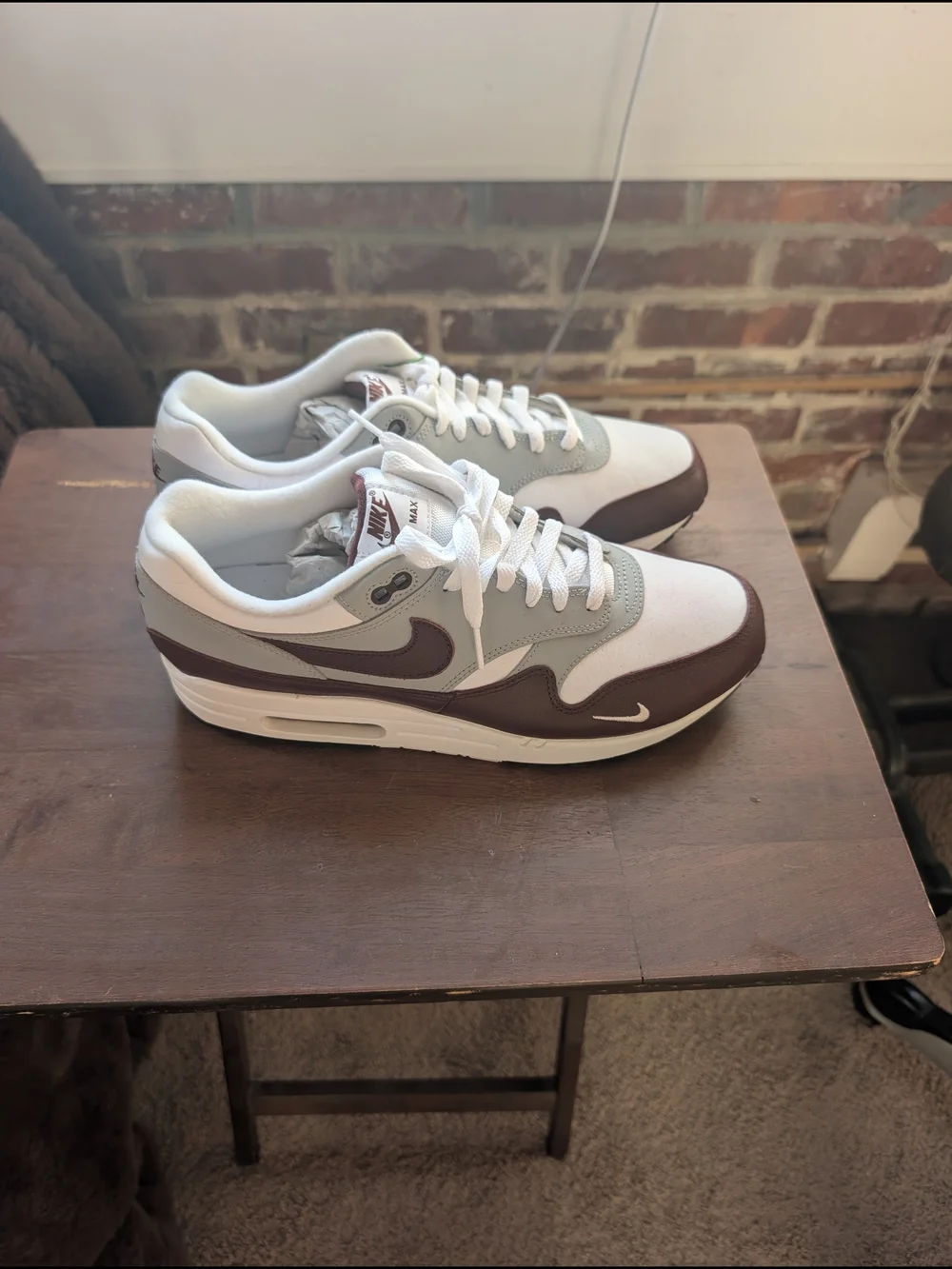 Nike Air Max 1 Sneakers in White, Gray, and Maroon